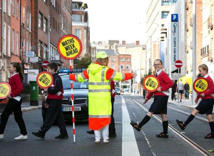 School traffic warden Sheila Blake with Jadine Rock, Dylan Dunne, Brooke Robertson and Tameron O’Brien of Rutland National School at the launch of Maths Week Ireland. Image: Shane O’Neill/SON Photographic