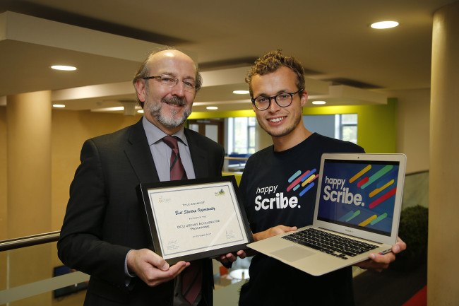 DCU president Prof Brian MacCraith with Happy Scribe co-founder André Bastie. Image: Nick Bradshaw