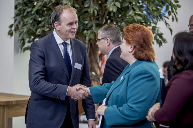 Government chief whip and Minister of State Joe McHugh, TD, congratulating Barbara Koster of Prudential Financial Inc at the official opening ceremony of The Rock campus. Image: Pramerica