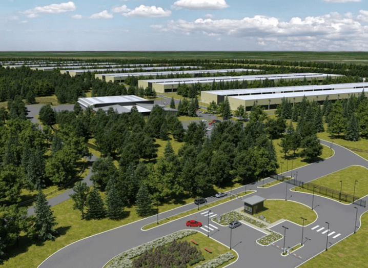 View of what the ill-fated data centre in Athenry would have looked like, with rows of grey buildings amid forest of evergreen trees.