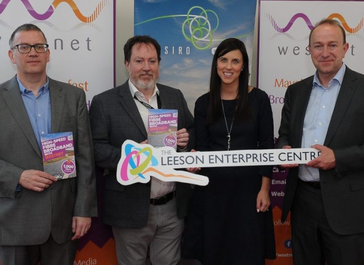 From left: Brendan Minish, Westnet CTO; Paul Cunnane, Westnet CEO and co-founder; Stephanie Colombani, Westport Chamber CEO; and Stephen O’Connor, SIRO’s director of corporate affairs at the official opening of Westport’s Leeson Enterprise Centre. Image: Edelman Ireland