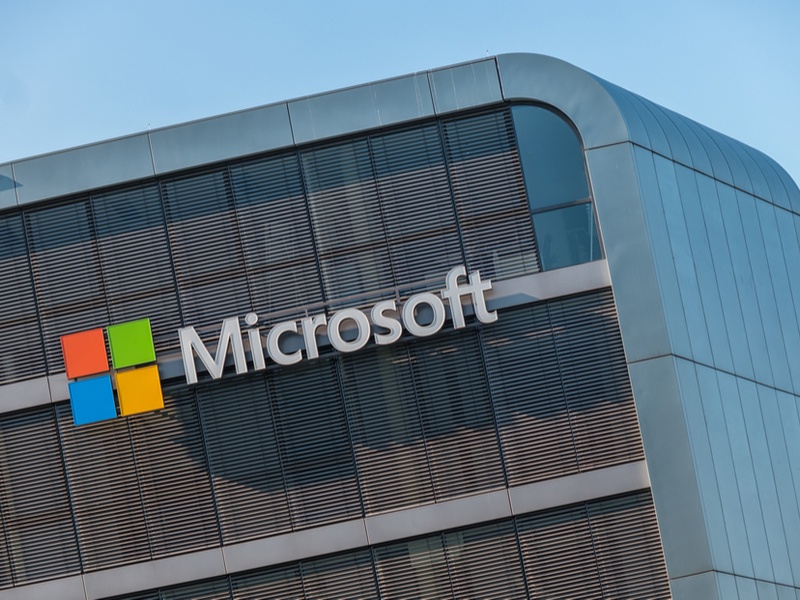 Microsoft logo on building.