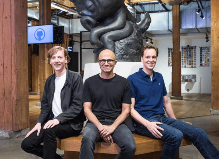 From left: Chris Wanstrath, Github CEO and co-founder; Satya Nadella, Microsoft CEO; and Nat Friedman, Microsoft corporate vice president, Developer Services