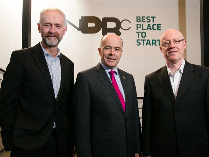 Pictured: NDRC CEO Ben Hurley with Communications Minister Denis Naughten, TD, and NDRC chair Sean Baker. Image: SON Photographic