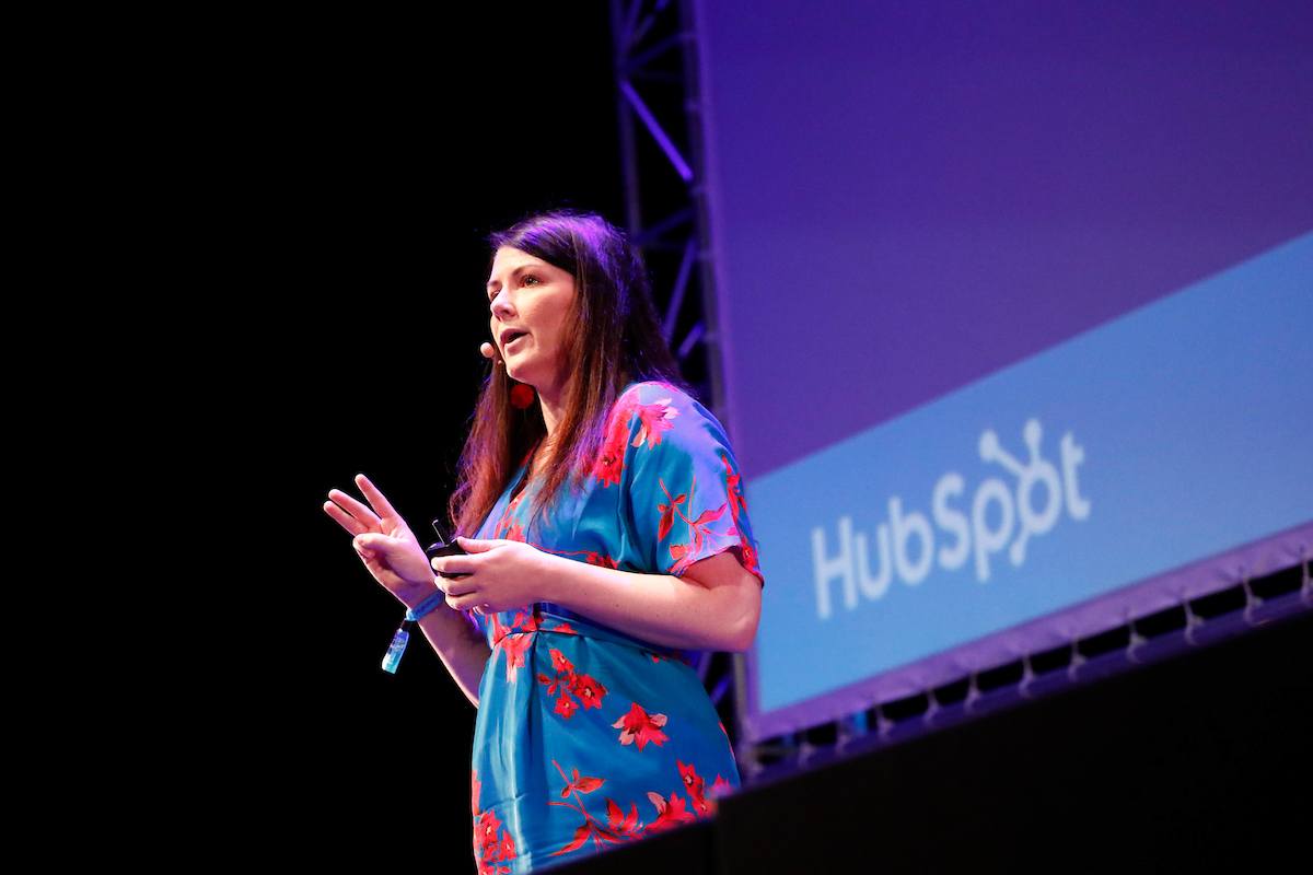 Katie Burk, Chief People Officer, HubSpot speaking at Inspirefest 2018 about the gender gap