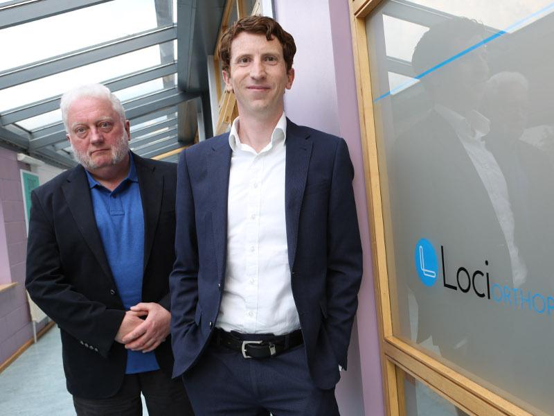 Pictured are Loci Orthopaedics founders Gerry Clarke, CTO, and Dr Brendan Boland, CEO, at their office in NUI Galway. Image: Aengus McMahon