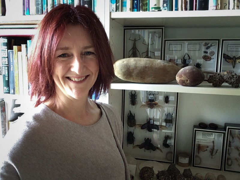Colette Kinsella stands smiling in front of a bookcase packed with books, rocks, shells and insect displays