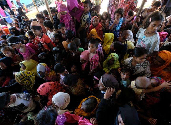 Aerial view of a crowd of Rohingya Muslim refugees registering at a camp in Bangladesh.