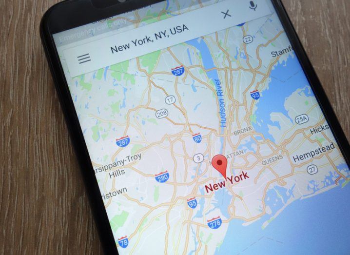 Google Maps open on a mobile device, displaying a map of New York City.
