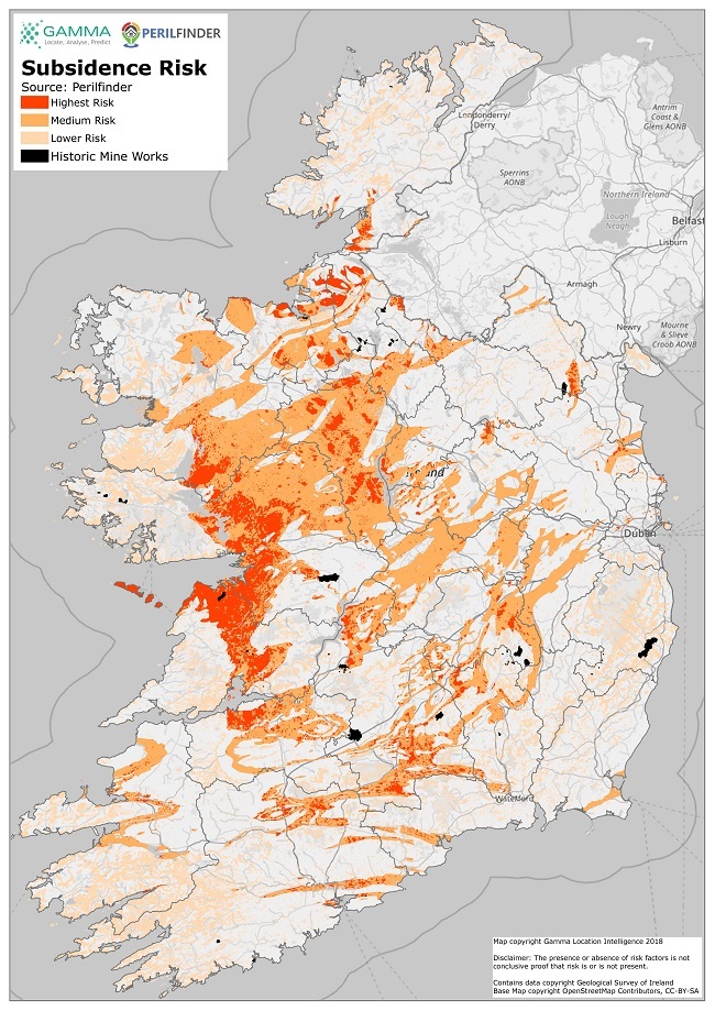 Gamma's map showing areas of Ireland most susceptible to sinkholes.