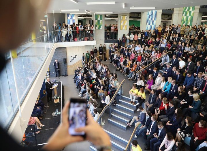 Overhead shot of the launch of the new DCU student centre, with dozens of students in attendence.
