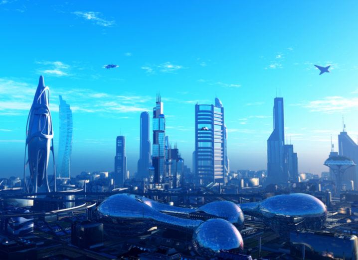 A futuristic cityscape scene filled with skyscrapers, similar to Wakanda.