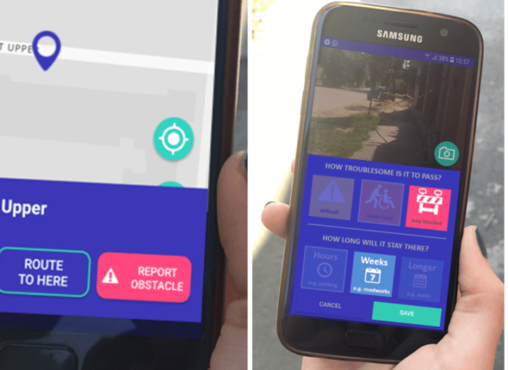A split image of how the Route4U app works, featuring a path with obstacles in the way.