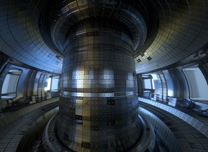 Inside of a experimental nuclear fusion reactor with a central pillar.