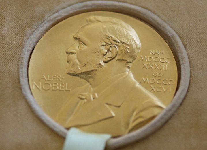 Close-up of Nobel Prize award medal.