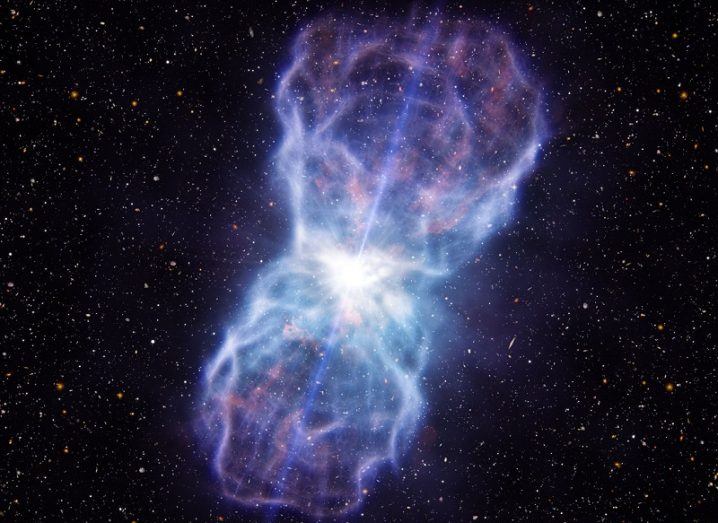 An illustration of huge, blue jets being emitted from a microquasar.