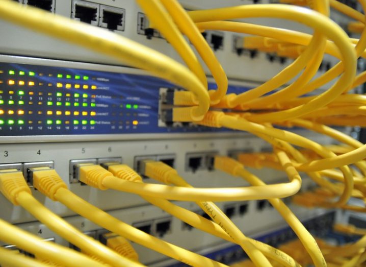 Yellow cables plugged into a server. Close-up photograph.