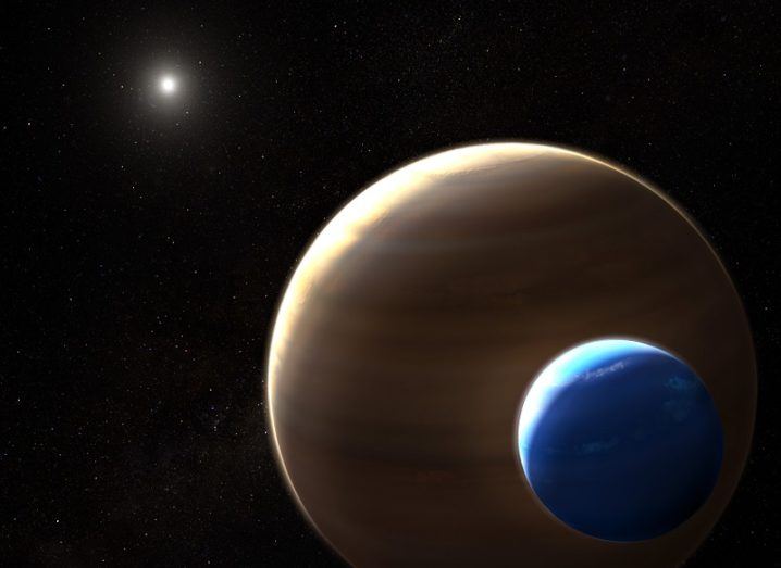 Illustration of Kepler-1625b and its Neptune-like exomoon.