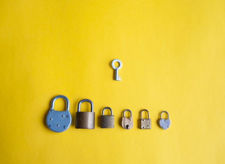 A single key placed on a sunflower-yellow surface above a row of six different padlocks.