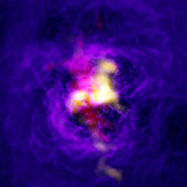 Composite image of purple background with the red and yellow cosmic fountain in the centre.