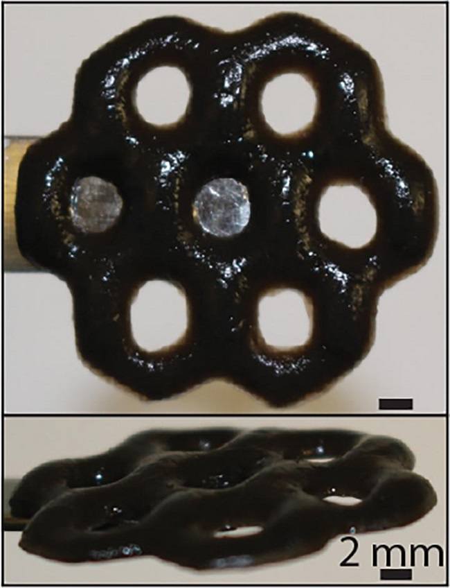 Multi-holed black structure made from graphene oxide and alginate. 