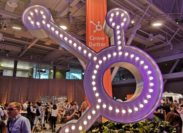 HubSpot logo in lights during a conference in boston.