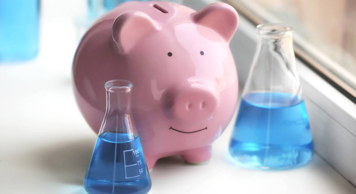 A pink piggy bank standing beside two lab beakers with blue liquid, representing salaries in life sciences.