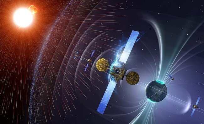 Diagram showing intense solar radiation striking a satellite.