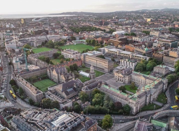 A view of Trinity College and Grand Canal district via drone.