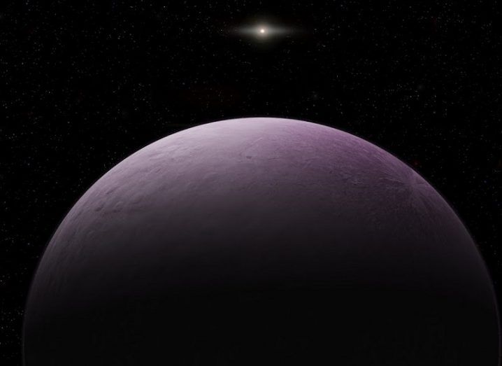 Artist's representation of Farout with its pinkish hue and the distant sun in the background.
