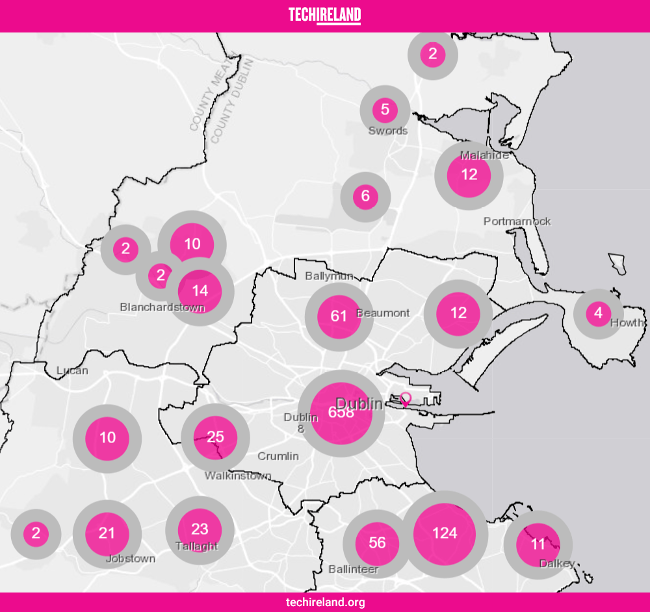 Map showing start-ups by location in Dublin.