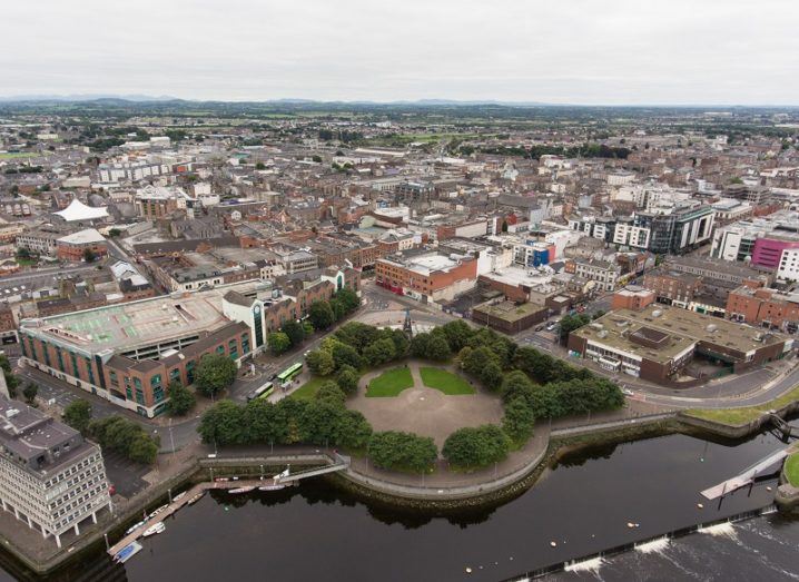 Aerial view cityscape of Limerick city skyline.