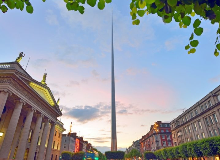 O'Connell Street, Dublin at sunrise, with the Spire in the centre.