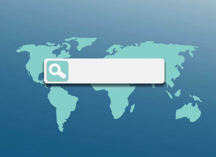 A map of the world in blue tones overlaid with a search bar and magnifying glass icon.