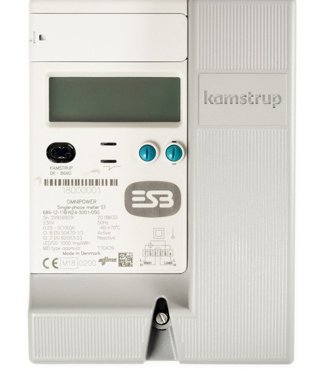 A close-up of a new ESB smart meter with a display and buttons.