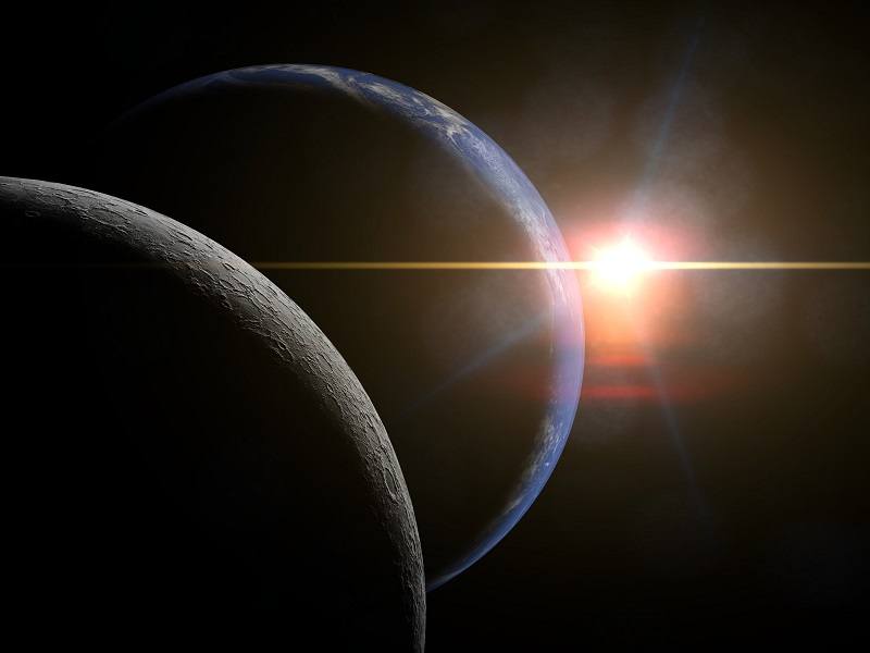 Concept shot of the far side of the moon, Earth and a distant sun.