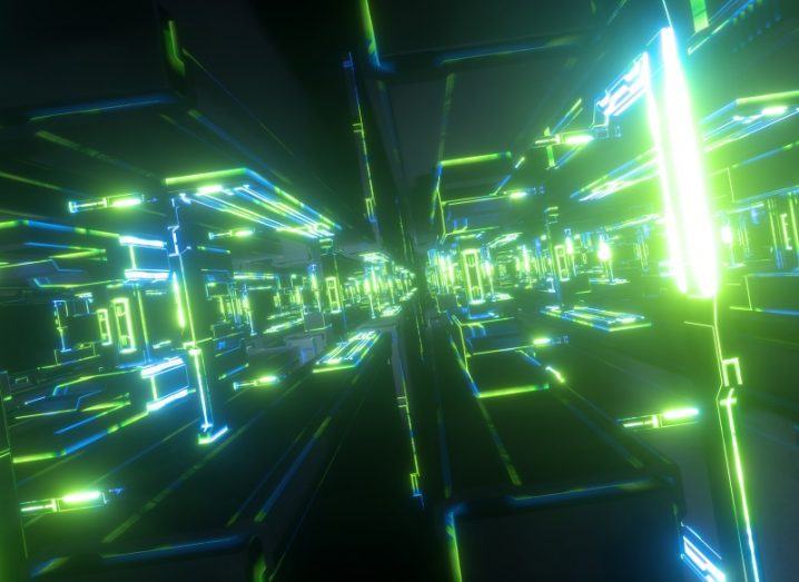 3D render of a green and blue virtual world representing a quantum computer.