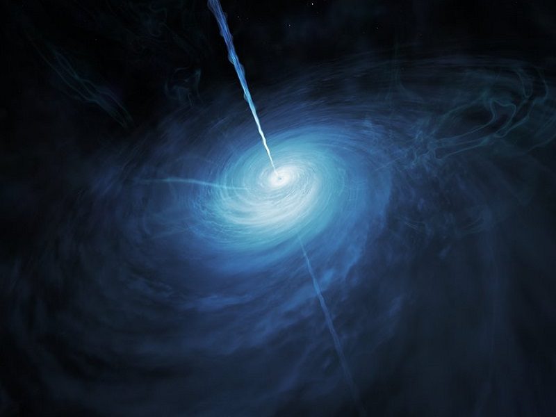 An artist's impression of the distant quasar, with blue coloured matter being pulled into a supermassive black hole.