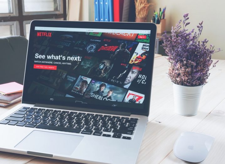 Netflix website open on a laptop, sitting on a desk beside a pot of fresh lavender and a cordless mouse.