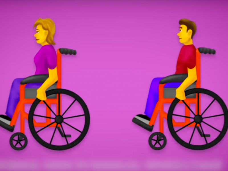 Two emojis depicting a man and a woman sitting on motorised wheelchairs, with a magenta background.