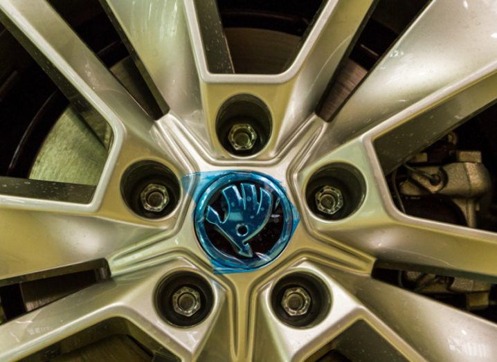 Decorative wheel of a new Škoda car under a protective film.