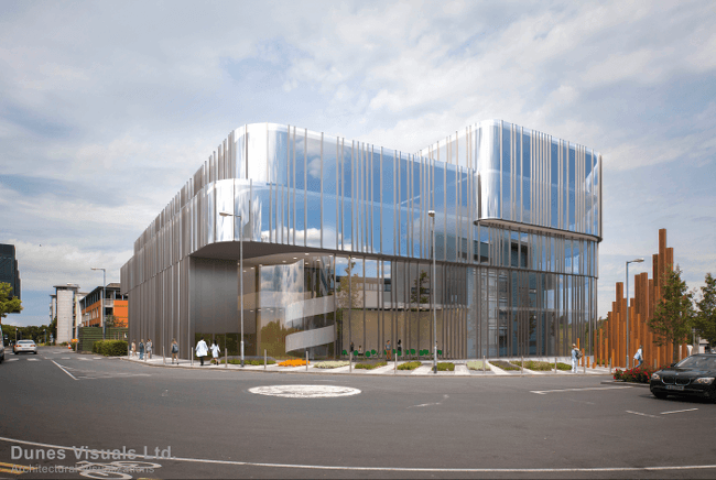 Architectural visualisation of a three-storey corner building on DCU’s campus with curved glass walls.