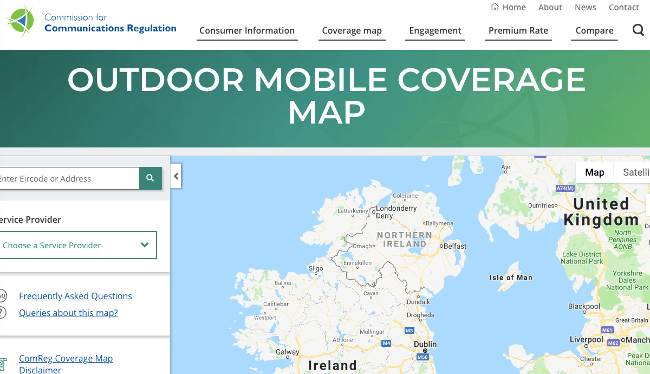 Screen shot of ComReg online mobile coverage map.