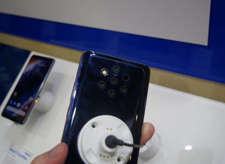 A close-up of the new Nokia 9 PureView with its five cameras.