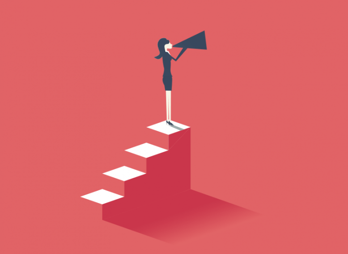 Illustration on a red background of a woman standing atop a set of stairs, speaking into a megaphone.