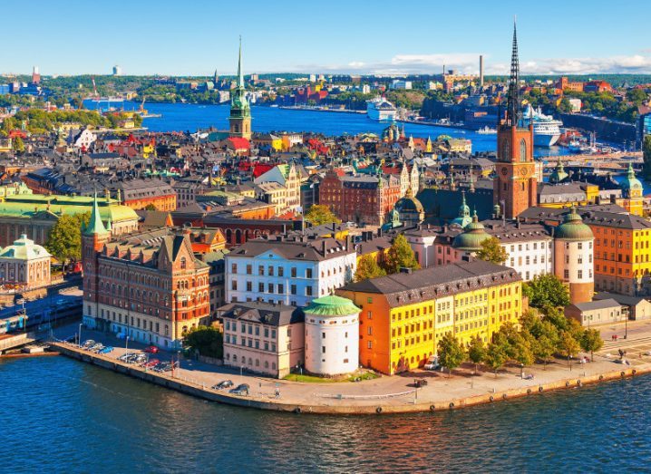 Scenic summer aerial panorama of the colourful Old Town in Stockholm, Sweden.