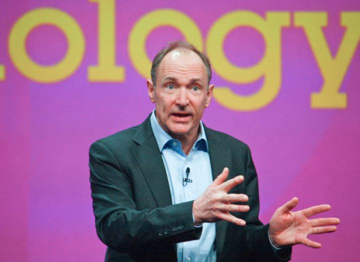 Inventor and founder of World Wide Web Tim Berners-Lee delivers an address on stage.