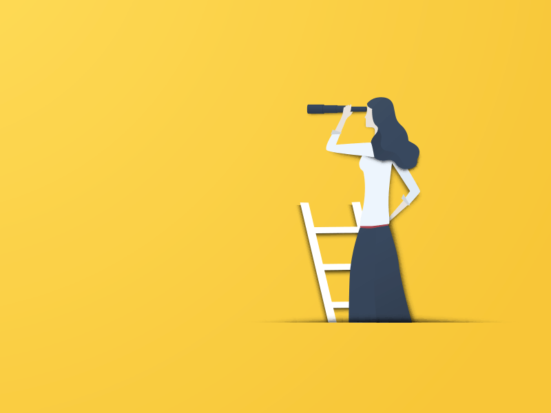 Illustration on a yellow background of a woman standing at the top of a ladder, looking into the distance with a telescope.