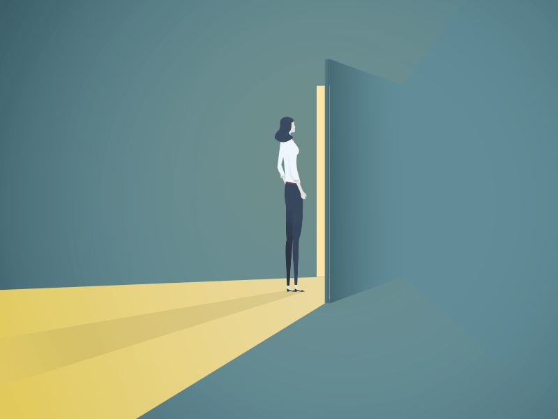 Illustration of a woman in a darkened room standing a doorway that's opened slightly, flooding her with yellow light.