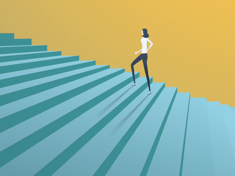 Illustration of a woman walking up a set of blue stairs against a yellow background.